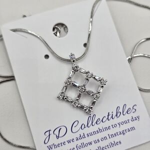 Swarovski Crystal Elements Silver Necklace Clear Square Diamond Shaped 18-20 in